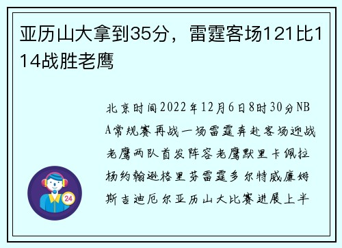 亚历山大拿到35分，雷霆客场121比114战胜老鹰