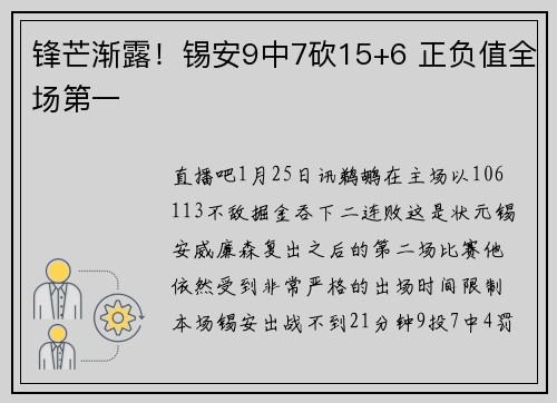 锋芒渐露！锡安9中7砍15+6 正负值全场第一